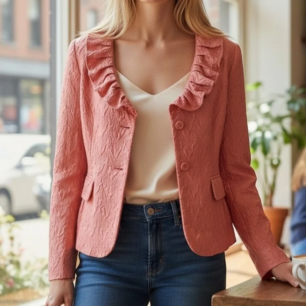 Chicos Womens Coral Pink Ruffle‎ Collar Textured Crinkle Blazer Jacket Size 1 M